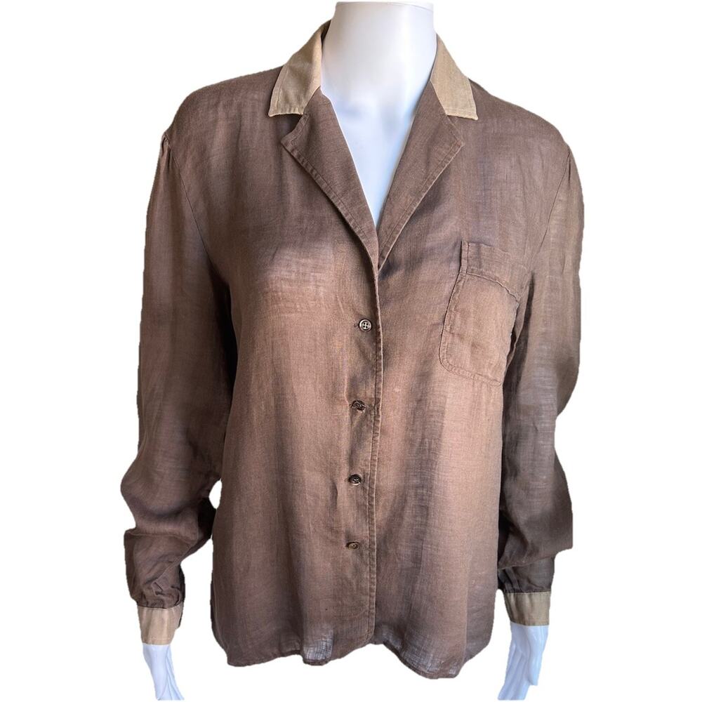 Valentino Miss V Linen Blouse Taupe Brown Button Front Italy 44 Minimalist M